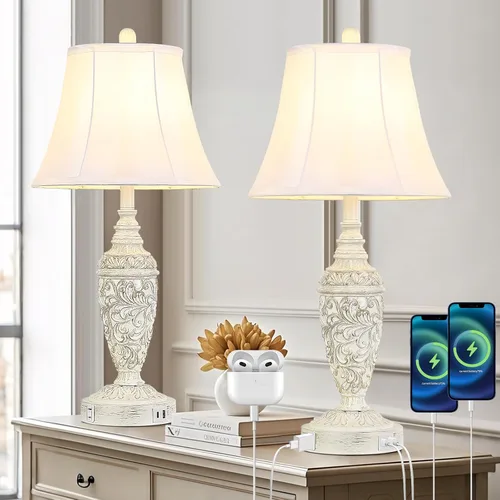Sheetea Paquete de 2 lámparas de mesa vintage de 26.8 pulgadas con dos puertos de carga USB y salida de CA, juego de 2 lámparas de noche blancas