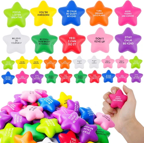 SHQDD 100 pelotas antiestrés con forma de estrella a granel para adultos y niños - Citas motivacionales, juguetes de espuma suave para apretar y