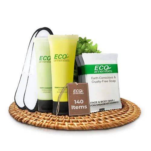 ECO amenities Juego de 140 piezas de artículos de tocador de hotel a granel – Champú y acondicionador de viaje aprobado por la TSA – 0.49 oz de