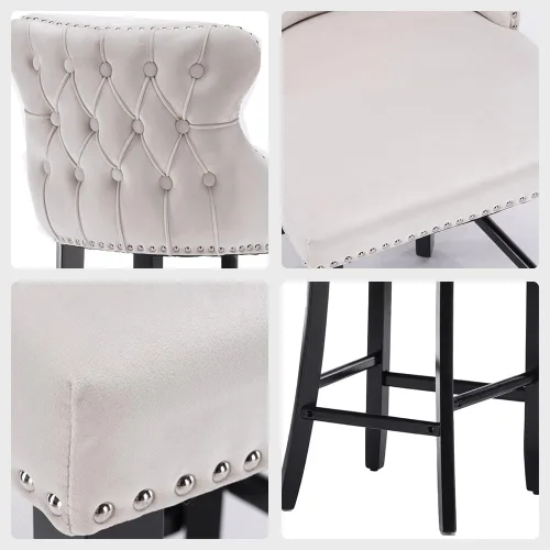 Miniatura 6 de Taburete de bar con patas de madera, juego de 2, taburete de bar tapizado de altura de mostrador con botón y cabeza de clavo, sillas de bar