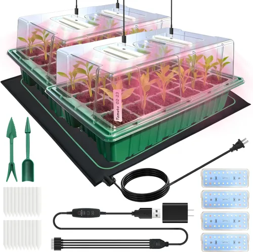 Miniatura 8 de Bandeja de inicio de semillas con luz de crecimiento (4 x 24 LED), paquete de 4 kits de inicio de semillas de 48 celdas con cúpulas de humedad