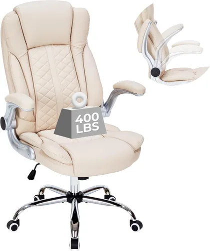 Silla de oficina ejecutiva de 400 libras con reposabrazos abatibles, silla de computadora grande y alta para personas pesadas, silla ergonómica Crema