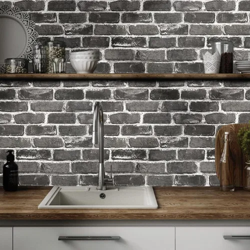 Miniatura 6 de Rollo de papel tapiz plano de piedra de ladrillo sintético de 17.5 x 472 pulgadas, para decoración de pared, para pegar en puertas, encimeras, Gris