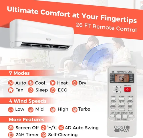 Miniatura 5 de COSTWAY Aire acondicionado y calentador mini split de 9000BTU, 17 SEER2 208-230 V, unidad de CA sin conductos montada en la pared, enfría