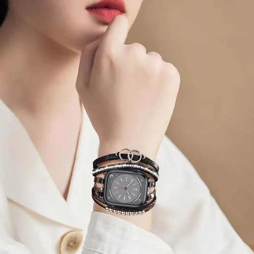 Miniatura 4 de MOFREE - Pulsera de cuero boho compatible con Apple Watch Band de 38, 40, 41 mm, pulsera de cuentas multicapa hecha a mano para Apple Watch, correa