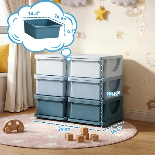 Miniatura 3 de Qaba Unidad de almacenamiento de 3 niveles para niños, organizadores de juguetes y almacenamiento con 6 cajones para dormitorio de niños, guardería
