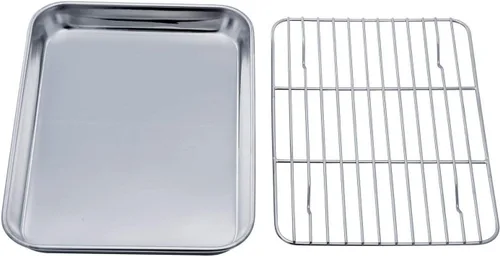 TeamFar Juego de bandeja y rejilla para horno tostador, 9.3'' x 7'' x 1'', bandeja para horno tostador de acero inoxidable bandeja para asar, no