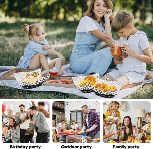 Miniatura 6 de Rainmae Cestas de plástico para alimentos con forros de papel pergamino, 12 cestas de comida rápida con 100 hojas de papel de delicatessen, cesta