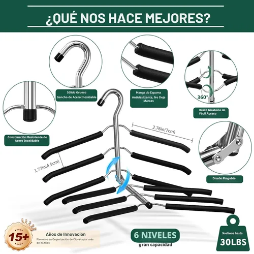 Miniatura 2 de DOIOWN - Perchas para ahorrar espacio de 6 niveles para abrigos - Con espuma antideslizante acolchada, perchas de metal negro para suéteres