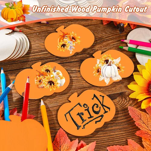 Miniatura 4 de Blulu 24 piezas de recortes de calabaza de madera para Acción de Gracias, recorte de madera sin terminar en forma de calabaza en blanco para otoño