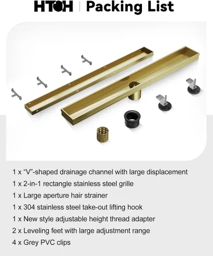 Miniatura 7 de Drenaje de ducha dorado, drenaje de ducha lineal de 24 pulgadas con rejilla de inserción de azulejos extraíble, drenaje de suelo de ducha moderno 2