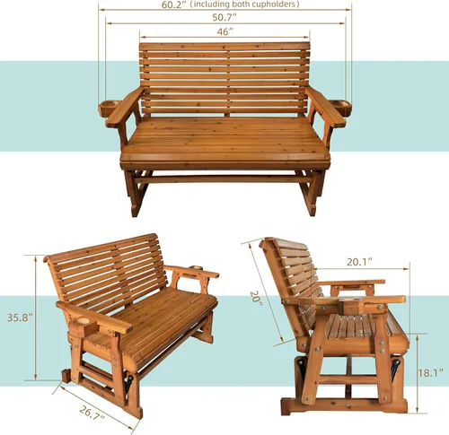 Miniatura 3 de Fortune Candy Planeador de Patio con Portavasos, Respaldo Alto Reclinable y Asiento Contorneado Profundo, Capacidad 800 Libras (Marrón, 2 Plazas)