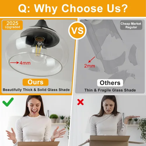 Miniatura 6 de Lámparas colgantes modernas para isla de cocina, lámparas colgantes negras con pantalla de vidrio transparente de 8.5 pulgadas, lámparas colgantes