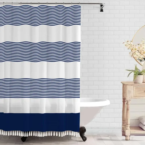 bufftieo Cortina de ducha azul marino y blanca para baño, cortina de ducha estilo bohemio a rayas, cortinas de ducha de tela modernas estilo casa de