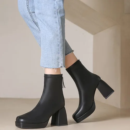Miniatura 2 de RiceelSor Botines de tacón alto grueso para mujer, con cremallera lateral, punta cuadrada, impermeables, cómodas, con soporte de arco para oficina