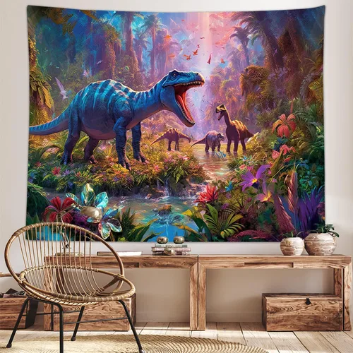 Miniatura 2 de Póster decorativo de dinosaurio para dormitorio de niños, genial animal antiguo T-Rex, tapiz de arte forestal para colgar en la pared