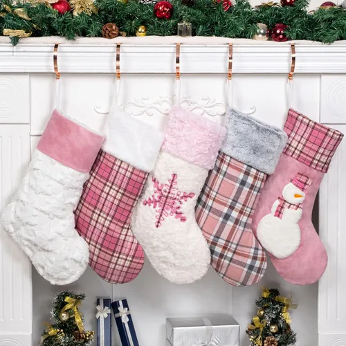 Miniatura 8 de GEX Medias de Navidad Paquete de 6 para Familia 20" Grandes Lentejuelas Doradas de Seda con Suave Piel Sintética Bordada Decoraciones Clásicas