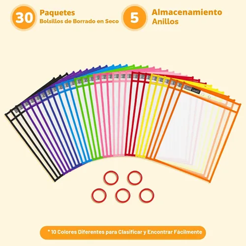 Miniatura 8 de Gamenote - Paquete de 30 bolsillos de borrado en seco con 5 anillas, 10 colores surtidos, fundas de plástico reutilizables de gran tamaño de 10x14