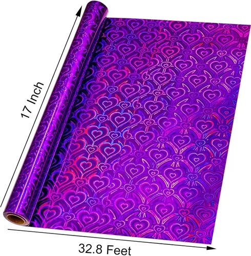 Miniatura 7 de Homeral Rollo de papel de regalo holográfico morado, patrón de corazón iridiscente brillante para el día de San Valentín, cumpleaños, día