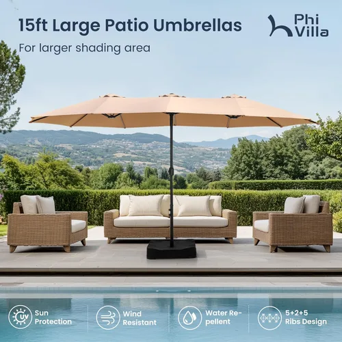 Miniatura 2 de PHI VILLA Sombrilla grande de 15 pies para patio con base incluida, sombrilla de doble cara rectangular para exteriores de gran tamaño con soporte