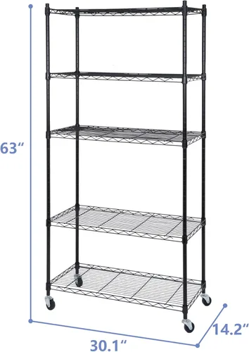Miniatura 3 de ZENY Estantería resistente de 5 estantes con ruedas, organizador de metal para cocina, oficina, garaje, color negro
