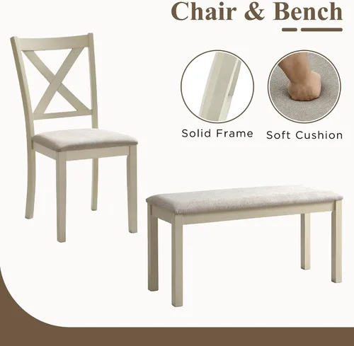 Miniatura 5 de LUXOAK Juego de mesa de comedor de madera maciza de 60 pulgadas para 6, mesa de cocina de granja con 4 sillas tapizadas y banco, 6 piezas de muebles