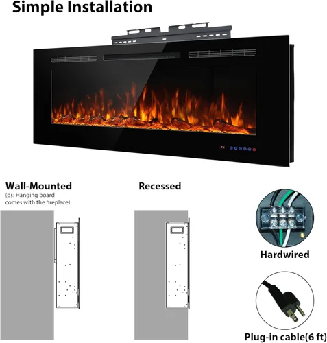 Miniatura 7 de Chimenea eléctrica de 45 pulgadas, insertos de chimenea para montar en la pared y empotrar, llama multicolor con 5 atenuadores, termostato