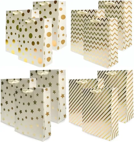 UNIQOOO 12 bolsas de regalo de Navidad doradas metálicas a granel con asa, grandes de 12.5 x 10 pulgadas, bolsas de papel geométrico moderno surtido
