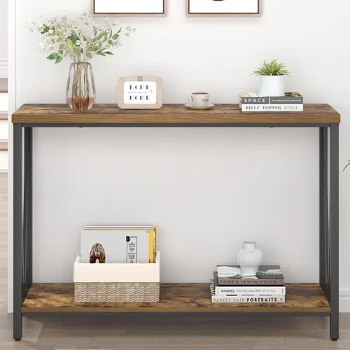 Miniatura 7 de EXCEFUR Mesa de entrada, sofá de madera rústica con almacenamiento, mesa de pasillo moderna para sala de estar, color gris