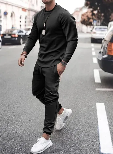 Miniatura 3 de JMIERR Conjunto de 2 piezas para hombre, sudadera de algodón de color liso, sudadera y pantalones deportivos