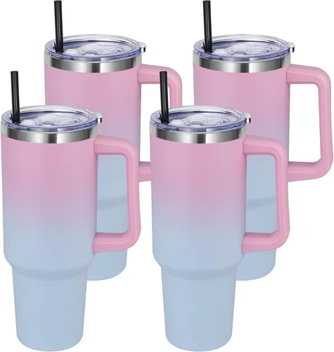 Miniatura 17 de DOMICARE Vaso de 40 oz con asa y pajita, vaso de acero inoxidable con tapa y pajita, reutilizable, aislado al vacío, taza para café de viaje
