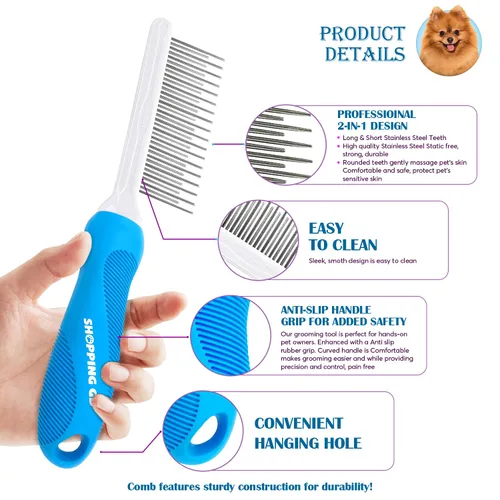 Miniatura 2 de Peine desenredante de aseo para mascotas para perros y gatos con dientes metálicos largos y cortos de acero inoxidable para eliminar enredos