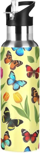 Stainless Steel Vacuum Insulated Water Bottle 32 Oz, Leakproof Water Bottles for Gym Outdoor Travel School, Colorful Butterflies Tulips Yellow