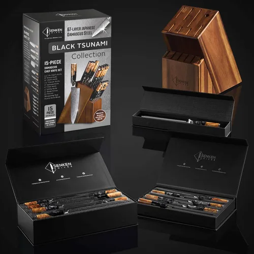 Miniatura 6 de SENKEN 15-Piece Damascus Knife Block Set - Black Tsunami Collection - Japanese Chef Knife Set with 67-Layer Japanese VG10 Steel Blades