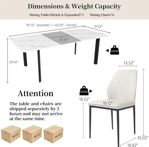 Miniatura 2 de HIPIHOM Juego de mesa de comedor extensible para 6-8 personas, mesa de cocina MDF de 63 a 78.7 pulgadas con 6 sillas tapizadas, ahorro de espacio