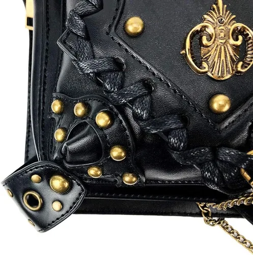 Miniatura 7 de Riñonera gótica de cuero steampunk con cadena bolsa cruzada para el hombro bolsa de cadera Negro