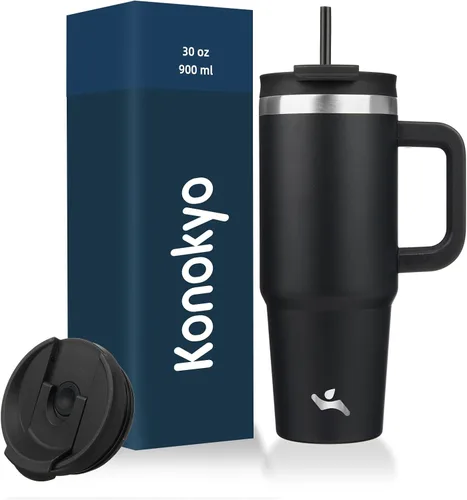 Miniatura 13 de Konokyo - Vaso de 40 onzas con asa y 2 pajillas, botella de agua aislada 2 en 1 con tapa. Taza de viaje de acero inoxidable para café, flores