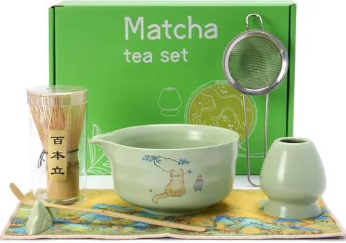 Miniatura 10 de Juego de batidor matcha, juego de kit matcha japonés de 7 piezas con cuenco matcha (chawan), batidor matcha y soporte, cuchara de bambú, Azul