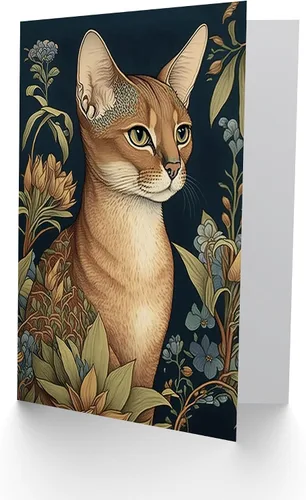 Artery8 Gato abisinio con flores Art Nouveau moderno acuarela ilustración arte cumpleaños sellado tarjeta de felicitación más sobre en blanco dentro