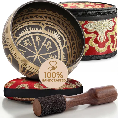 Juego de cuencos tibetanos grabados a mano con estuche – Cuenco de meditación y cuenco de sonido con cojín, mazo y guía – Herramienta portátil de