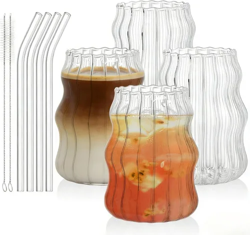 Tebery Paquete de 4 vasos lindos para beber, vaso de café helado acanalado de 16 onzas con pajitas, taza de agua estética vintage para cóctel,