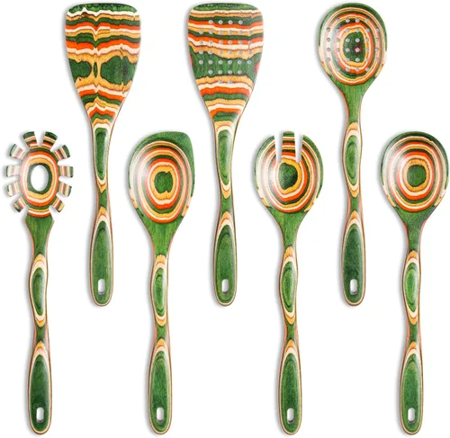 Juego de 7 utensilios de cocina de madera de Pakkawood para cocinar, cucharas de madera para cocinar, seguro, ecológico, antiadherente, utensilios