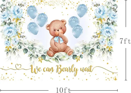 Miniatura 3 de MEHOFOND Telón de fondo de fiesta de baby shower de oso de 10 x 7 pies, fondo azul floral para fotografía, puntos dorados con purpurina dorada, Rosa