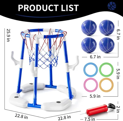 Miniatura 5 de Aro y anillo de baloncesto de piscina 2 en 1 y juegos con 4 pelotas, 12 anillos y bomba, juguetes y juegos de piscina al aire libre de agua
