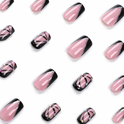 Miniatura 2 de RikView Uñas francesas con punta francesa, uñas cuadradas a presión con diseño de mariposa, acabado brillante, 24