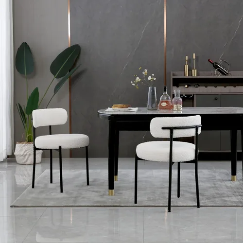 Miniatura 19 de Juego de 2 sillas de comedor negras redondas tapizadas de bouclé para el comedor, sillas de cocina modernas de mediados de siglo con respaldo curvo