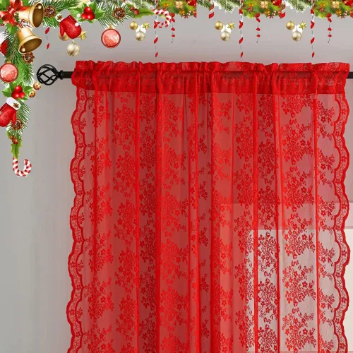 Miniatura 2 de Juego de 2 paneles de cortinas traslúcidas rojas de 63 pulgadas de largo, cortinas de encaje de Navidad para dormitorio, tratamientos de ventana
