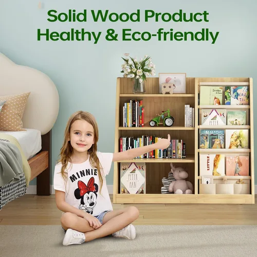 Miniatura 7 de EXPERLAM Estantería para niños y organizador de almacenamiento de juguetes, estante de libros de madera de 4 niveles con soporte para libros en sala