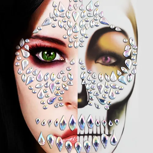 Miniatura 4 de Gemas faciales de esqueleto, joyas del Día de los Muertos, calavera con purpurina para maquillaje, gemas faciales de Halloween, calcomanías