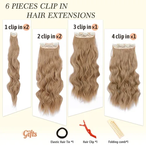 Miniatura 3 de NAYOO Extensiones de cabello con clip, de 20 pulgadas, largo, ondulado, rizado, rubio ceniza, extensiones de cabello sintético de cabeza completa
